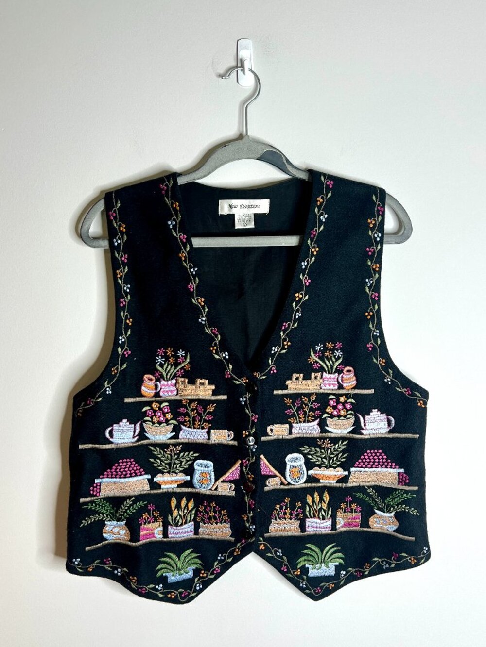 Vintage New Direction Wool Embroidered Apothecary Shelves Vest Witchy Novelty L